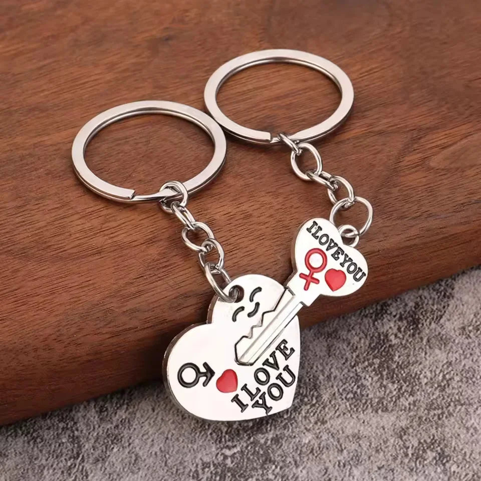 Metal Couple Heart Keychain Zinc Alloy Silvery Plated Creative Key Ring Lovers Gift