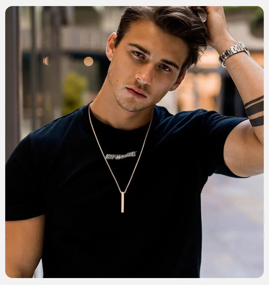 5mm Stainless Steel Pillar Necklace for Men and Women, Minimalist 3D Bar Pendant Unisex Neck Collar