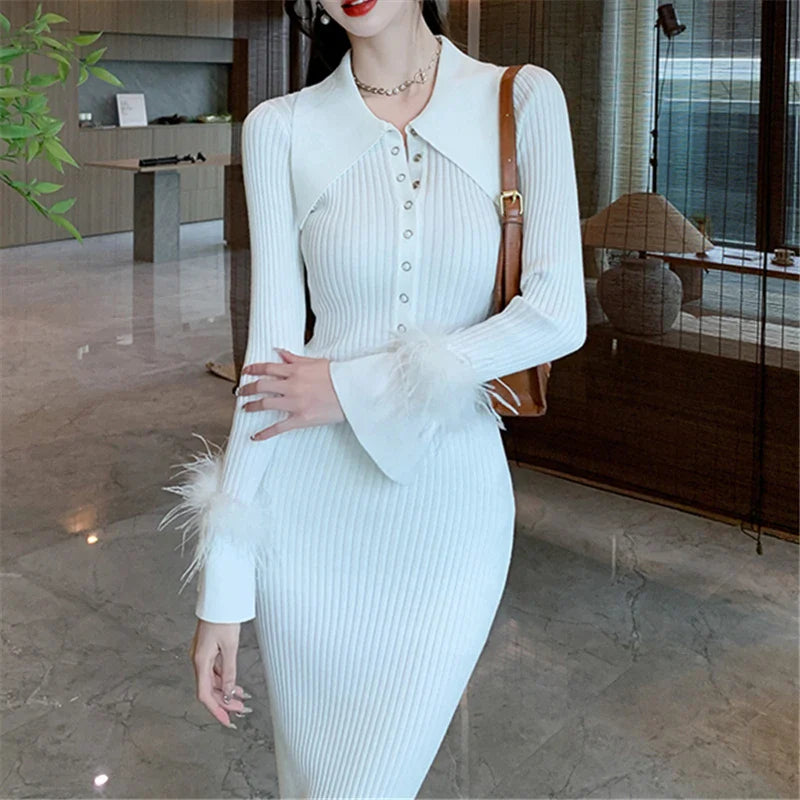 Polo Collar Wrap Knit Dress for Women Long Sleeve Bodycon