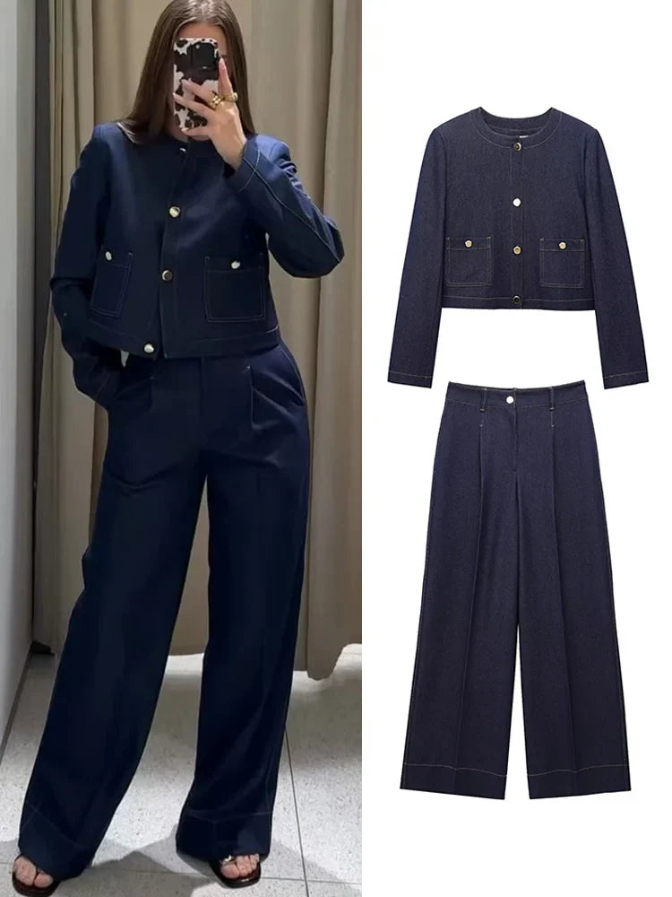 Fashion Women Solid Jacket and Wide Leg Pant Set with Cropped Coat and Zipper Details
