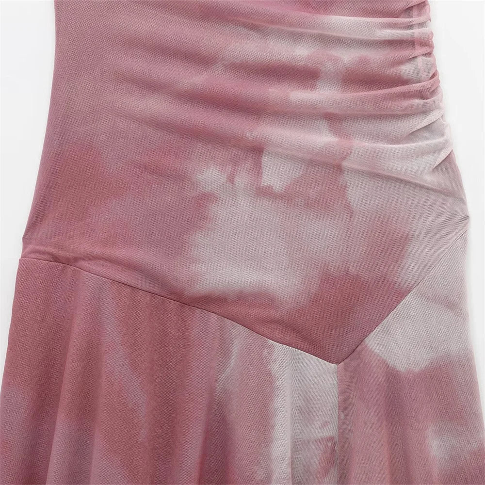 Pleated Silk Mesh Dress With Round Neck For Spring Summer