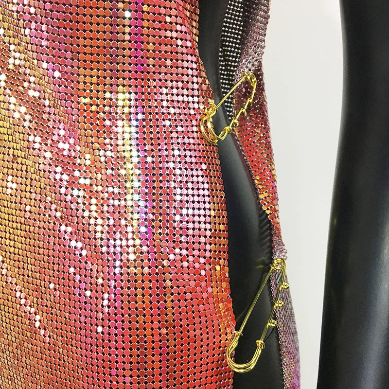 Y2K Metallic Sequins Mini Dress For Women Backless Clubwear