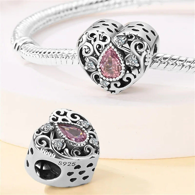 Silver Plated Lotus Guardian Angel Heart-Shaped Zircon Charms Beads for DIY Jewelry and 925 Bracelets