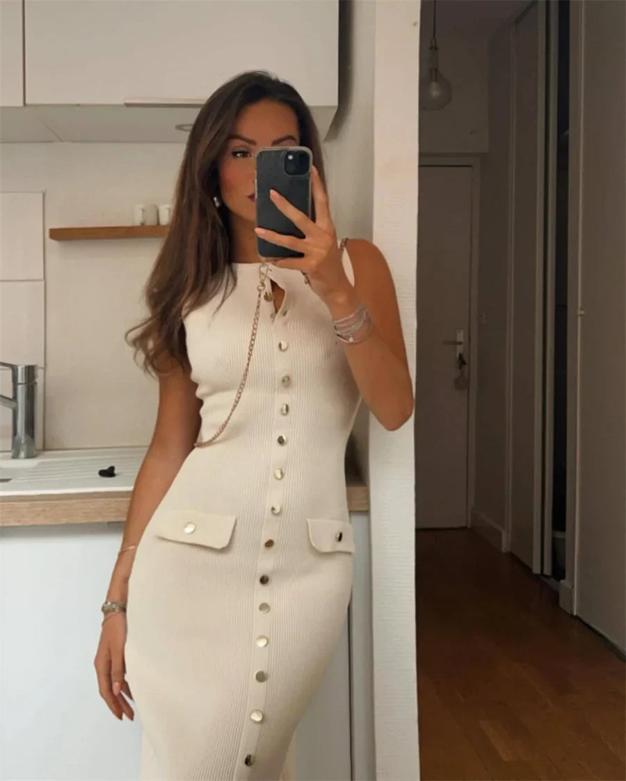 Elegant Knitted Long Summer Dress With O Neck Sleeveless