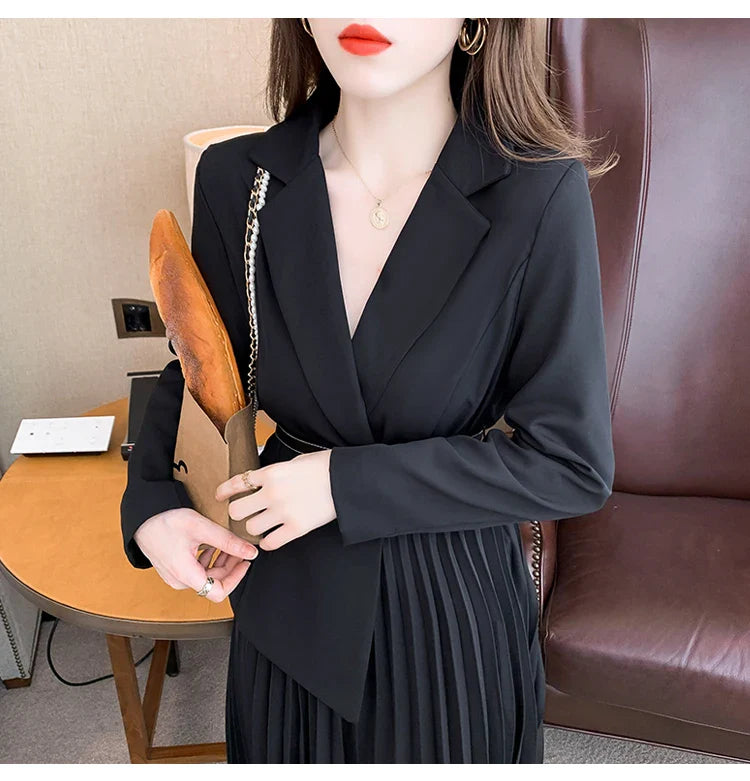 Faux Two Piece Dress With Blazer Collar Pleated Skirt