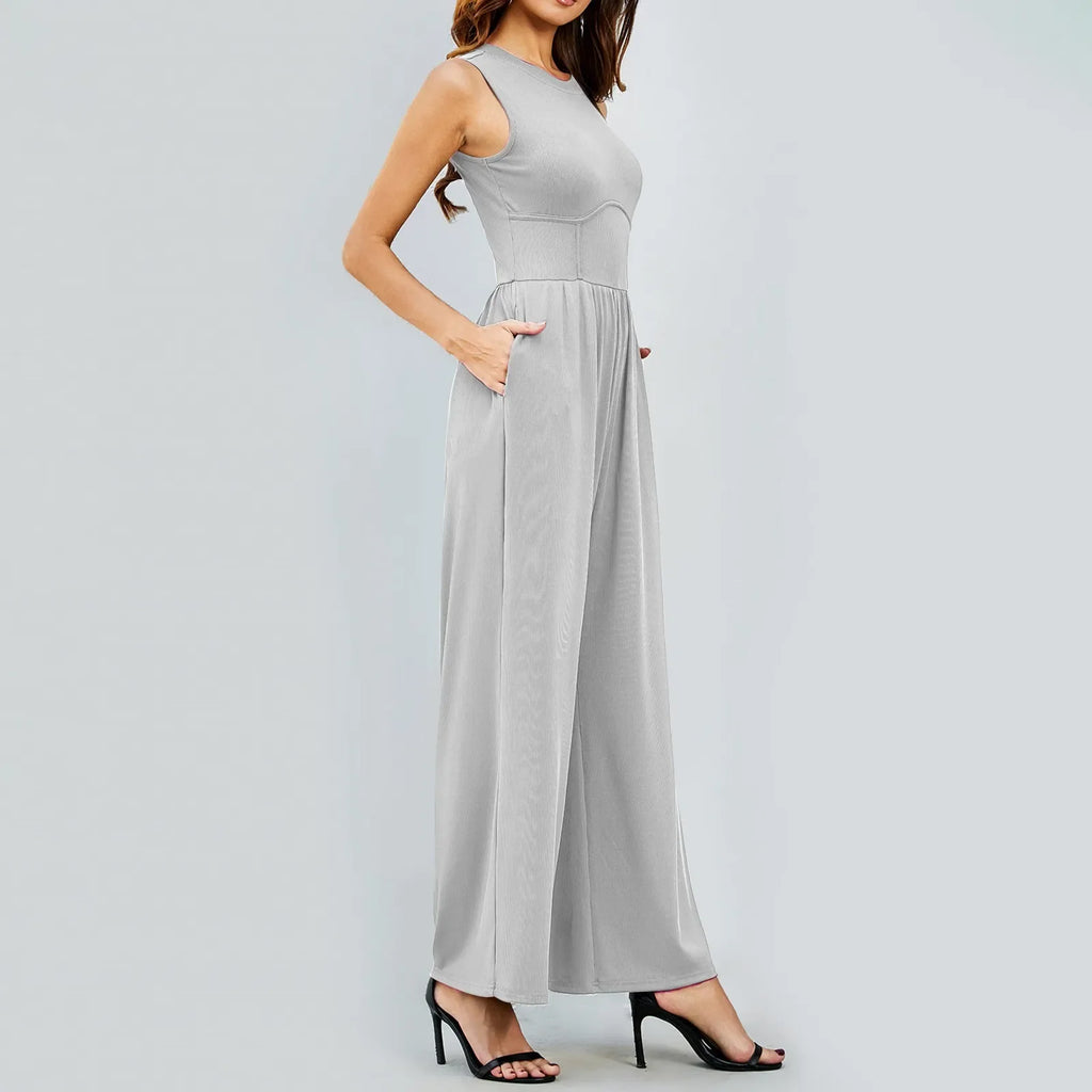 Women Sleeveless High Neck Ribbed Tank Top Jumpsuit Wide Leg Pants Romper with Tummy Control and High Waist Casual Summer Outfit