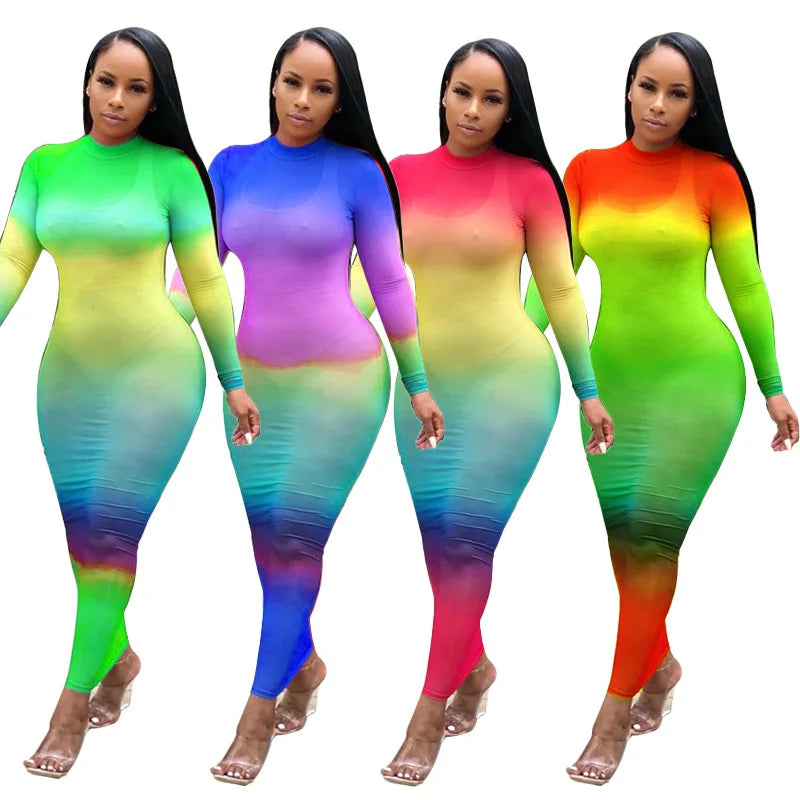Rainbow Gradient Sheer O Neck Dress For Clubwear Nights