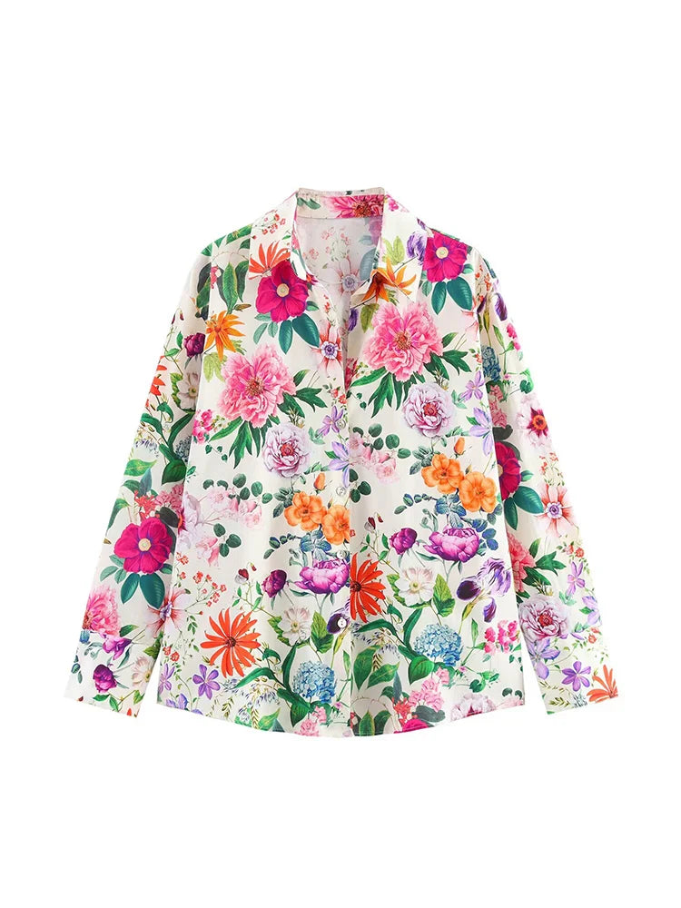 Women Vintage Floral Print V-Neck Poplin Blouse Elegant Summer Shirt for Casual and Streetwear