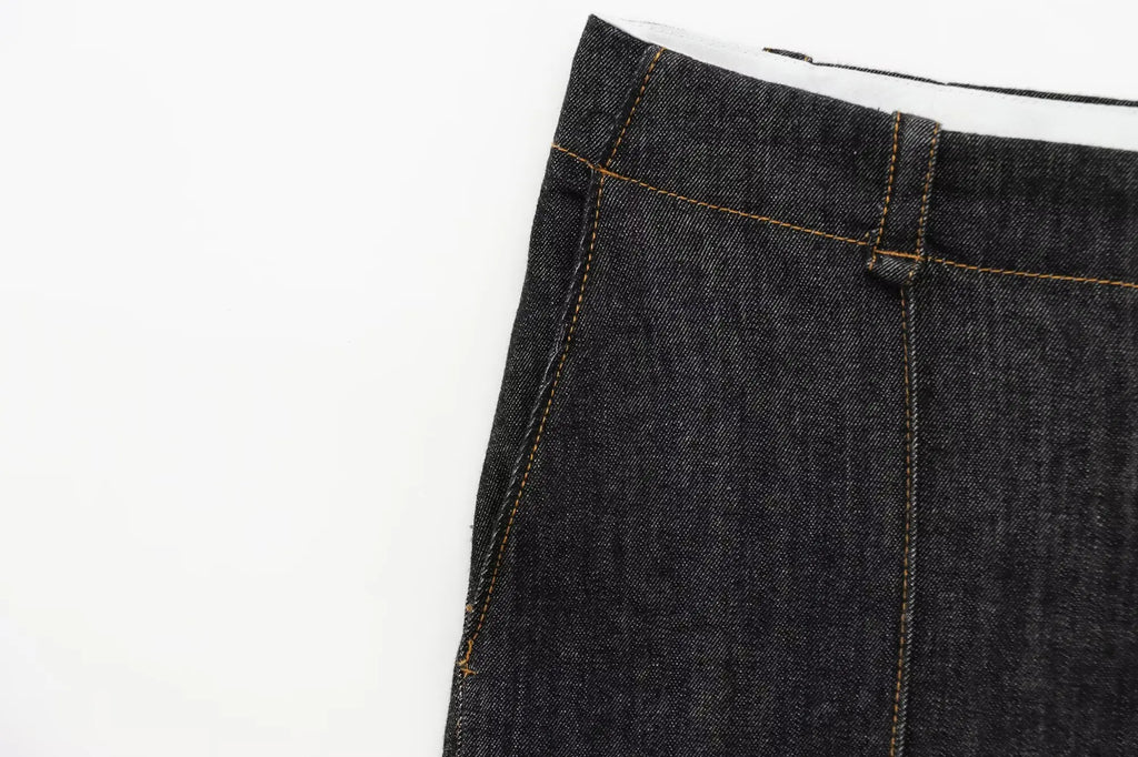 Women Black Denim Pants Set with Fitted Shirt and Patch Pockets Straight Leg Jeans Suit