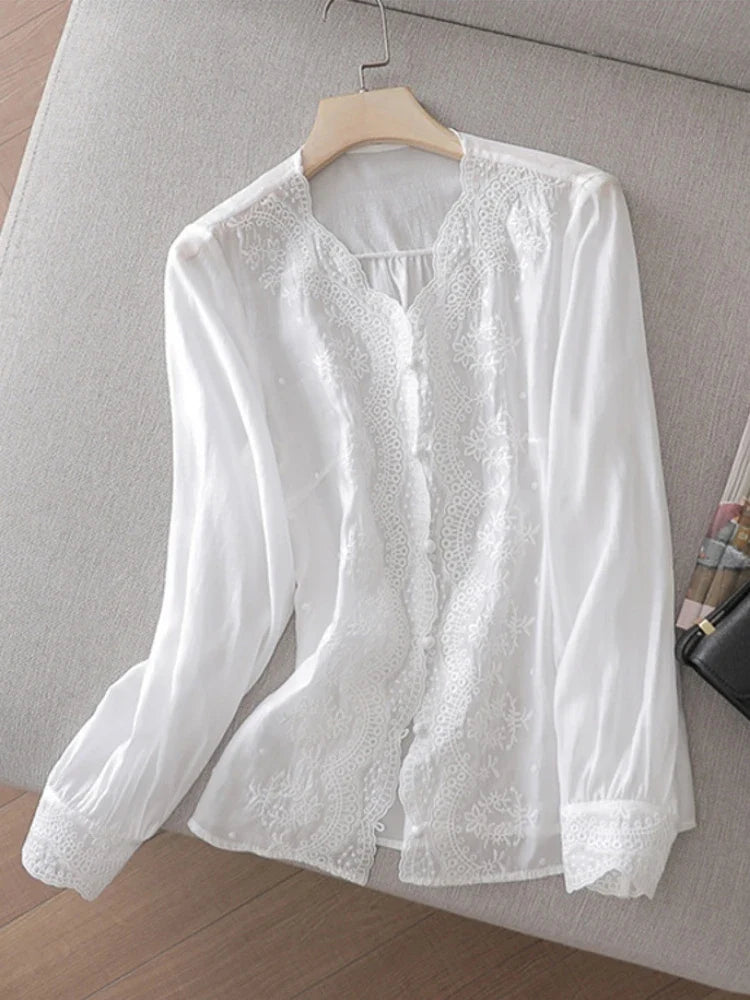 French Embroidery Flower Lace V Neck Linen Blouse Long Sleeve Loose Fit Elegant Sunscreen Shirt for Women Autumn Casual Top