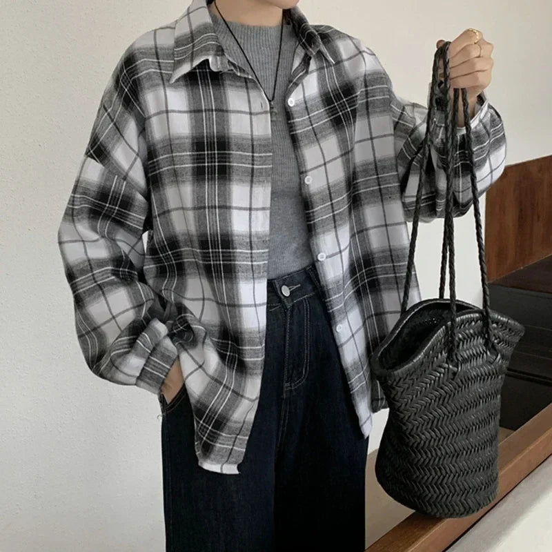 Oversized Button-Up Plaid Flannel Shirt for Women Casual Checkered Blouse Boyfriend Style Loose Fit Teen Girl Top