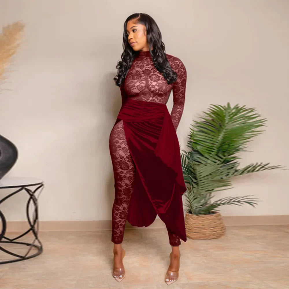 Sexy Sheer Floral Lace Jumpsuit with Overlay Skirt Stretchy Skinny One Piece Romper for Nightclub Party Women Clubwear