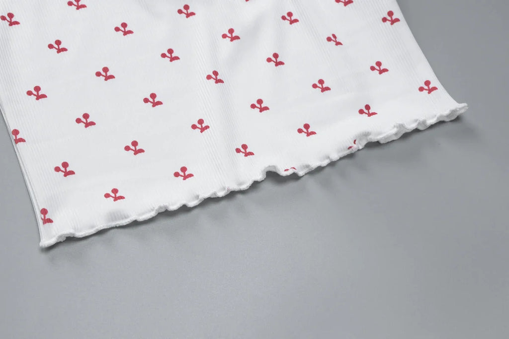 Cherry Print Two-Piece Matching Set with Slim Crop Camisole Top and Bow-Accent Shorts Summer Casual Festival and Workout Outfit for Women