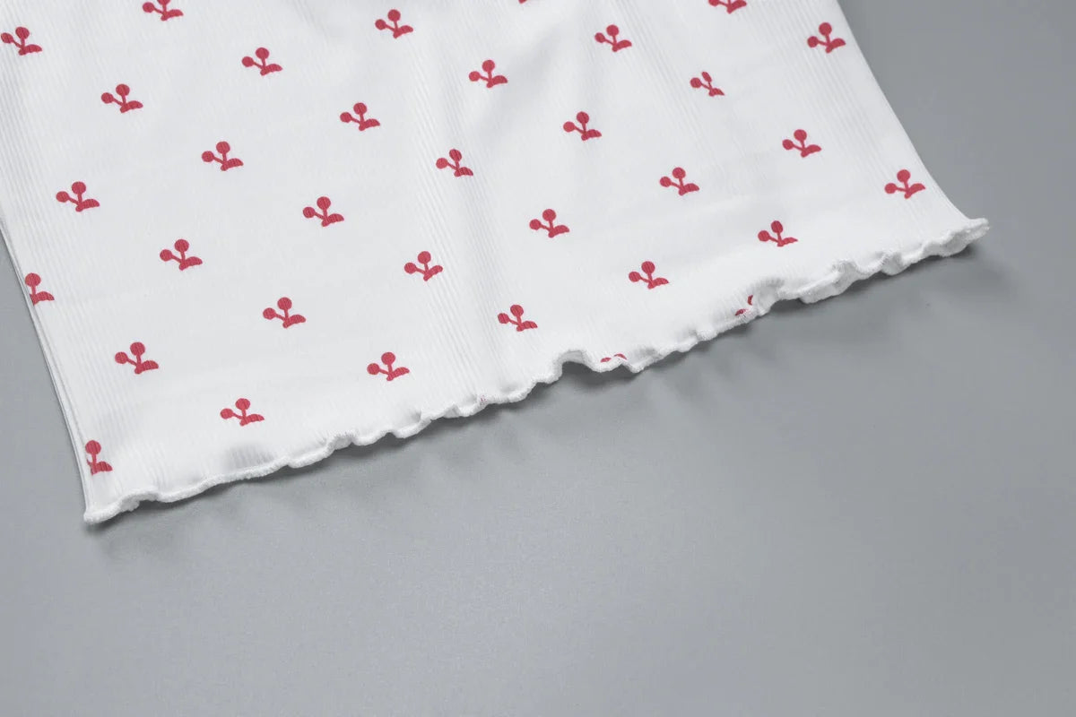 Cherry Print Two-Piece Matching Set with Slim Crop Camisole Top and Bow-Accent Shorts Summer Casual Festival and Workout Outfit for Women