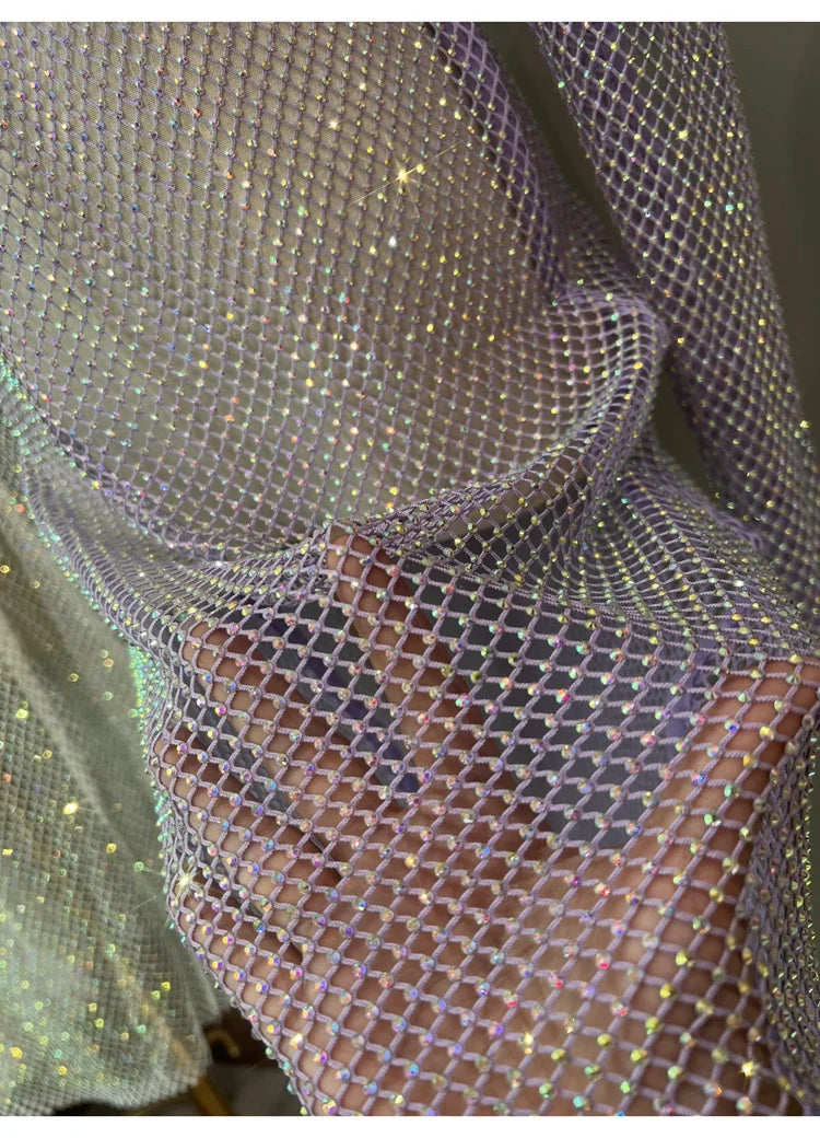 Rhinestone High Neck Glitter Party Dress Mid Length