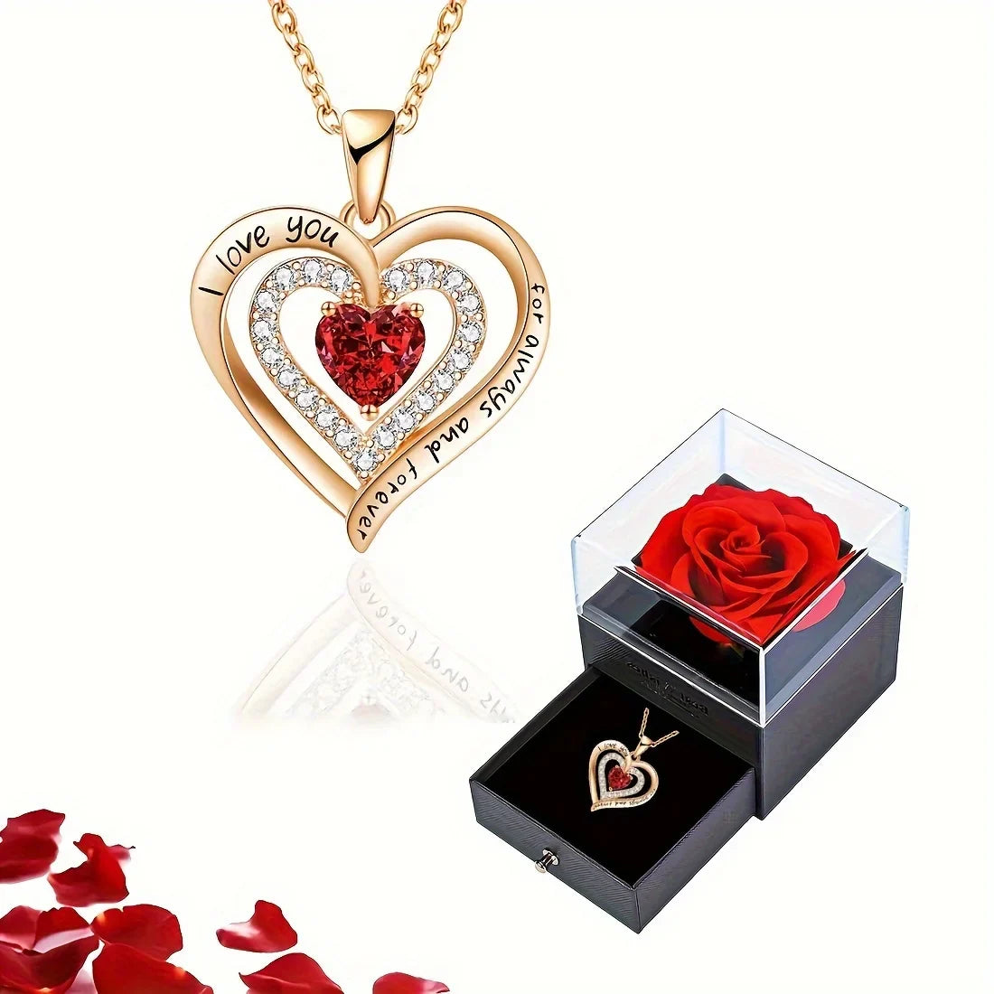Luxury Red Zircon Pendant Necklace with Rose Flower Gift Box for Girlfriend Romantic Jewelry Gift