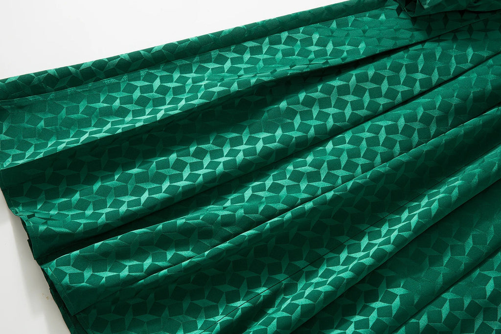 Elegant Green Pleated Long Sleeve Dress With Bow Collar