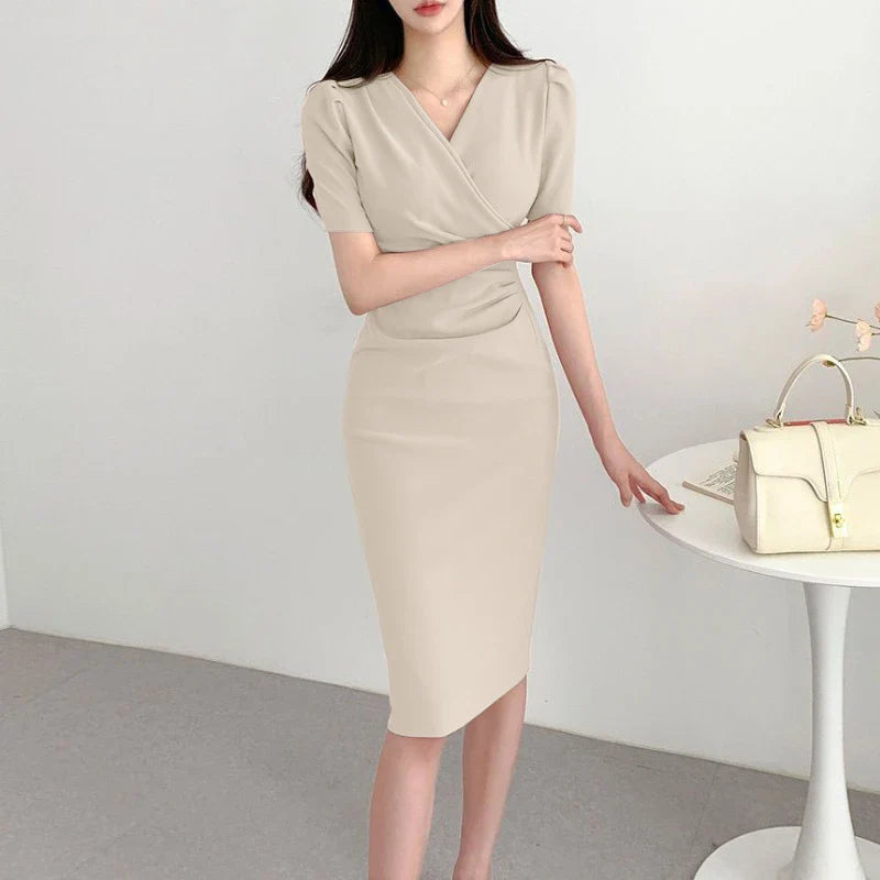 Elegant Women Office Dress V Neck Solid Color Short Sleeve