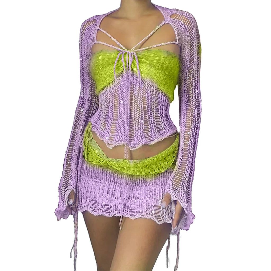 Sequin Crochet Three Piece Dress Set For Women Y2K Style