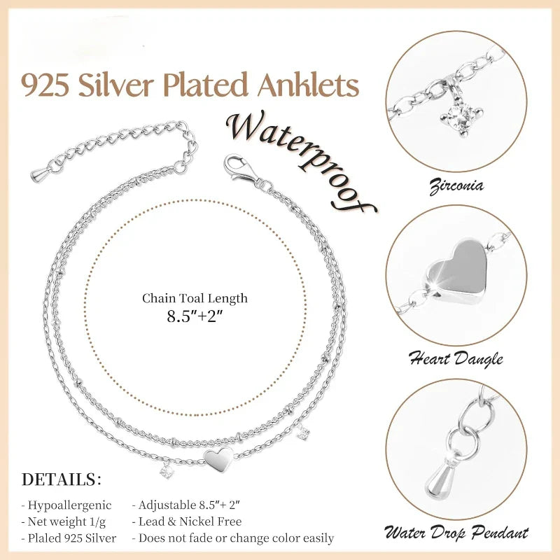 925 Silver Plated Heart Charm Anklet with Cubic Zirconia Dainty Layered Chain Jewelry for Women