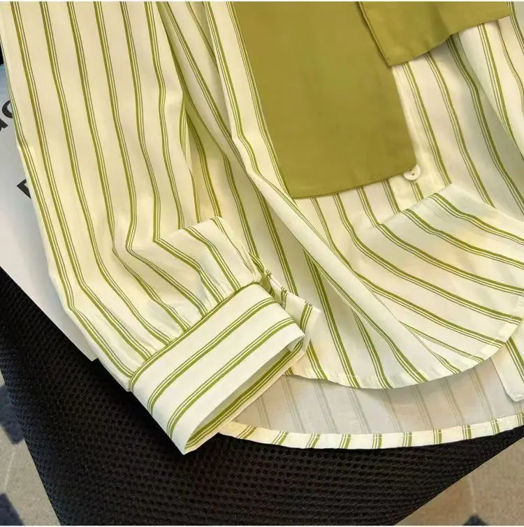 Chic Casual Fake Two Piece Long Sleeve Stripe Shirt for Women Stylish Matching Blouse Top
