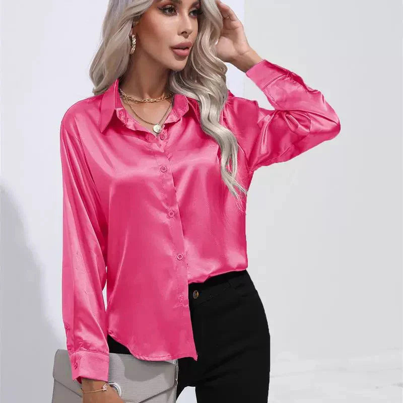 Retro Satin Button-Up Shirt for Women Loose Fit Multi-Color Elegant Office Casual Top Perfect for Autumn and Dance Parties