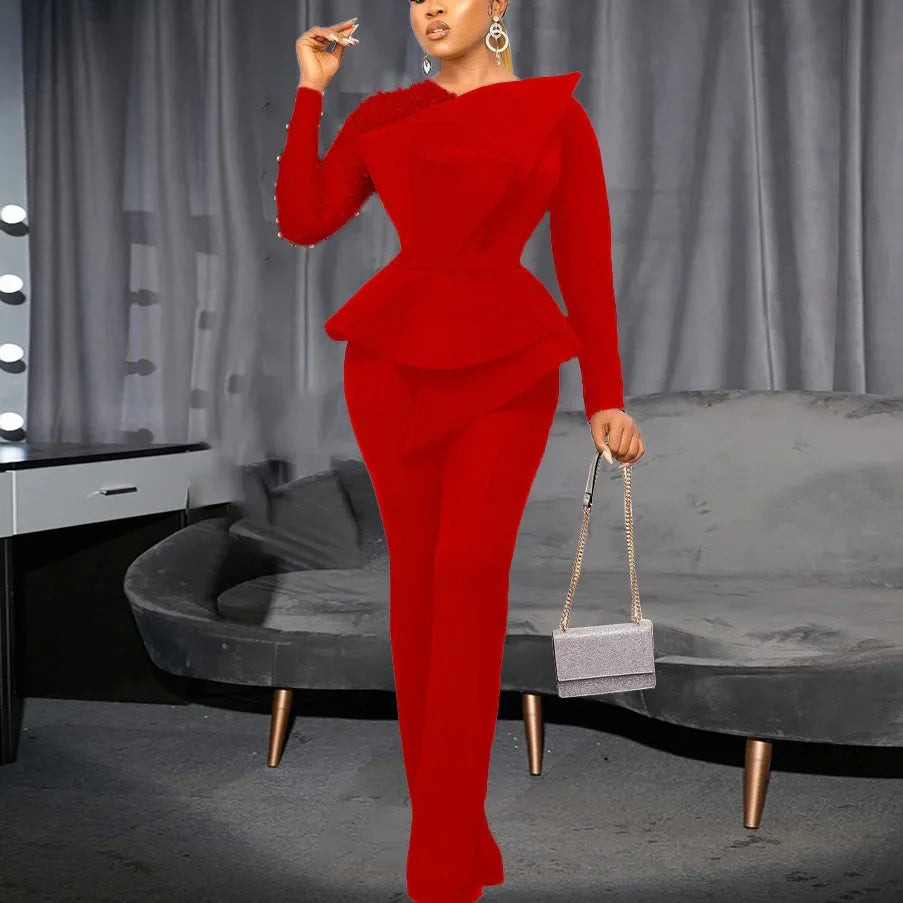 Elegant High Waisted Jumpsuit for Women with Round Neck Beaded Detail and Transparent Sleeves Perfect for Birthday Parties and Special Occasions