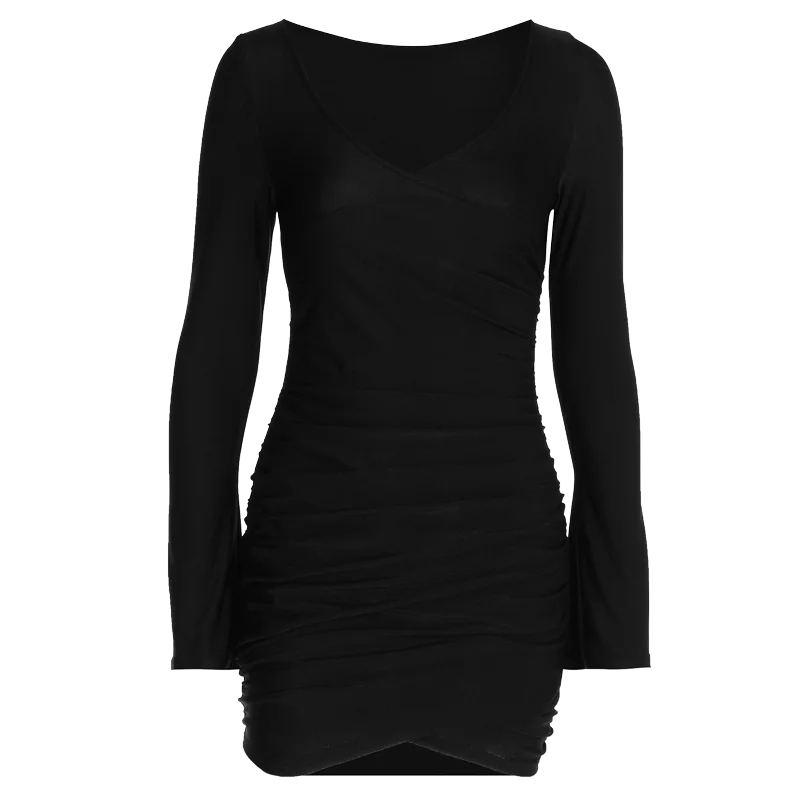 Black Ruched Bodycon Dress V Neck Long Flare Sleeve