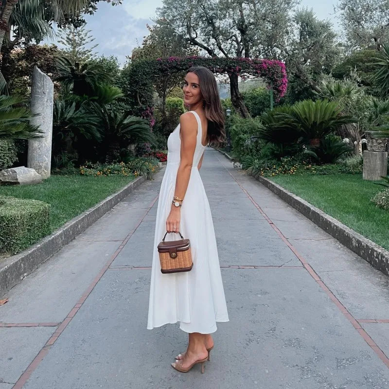 Solid Square Neck Sleeveless Suspender Dress For Women Long