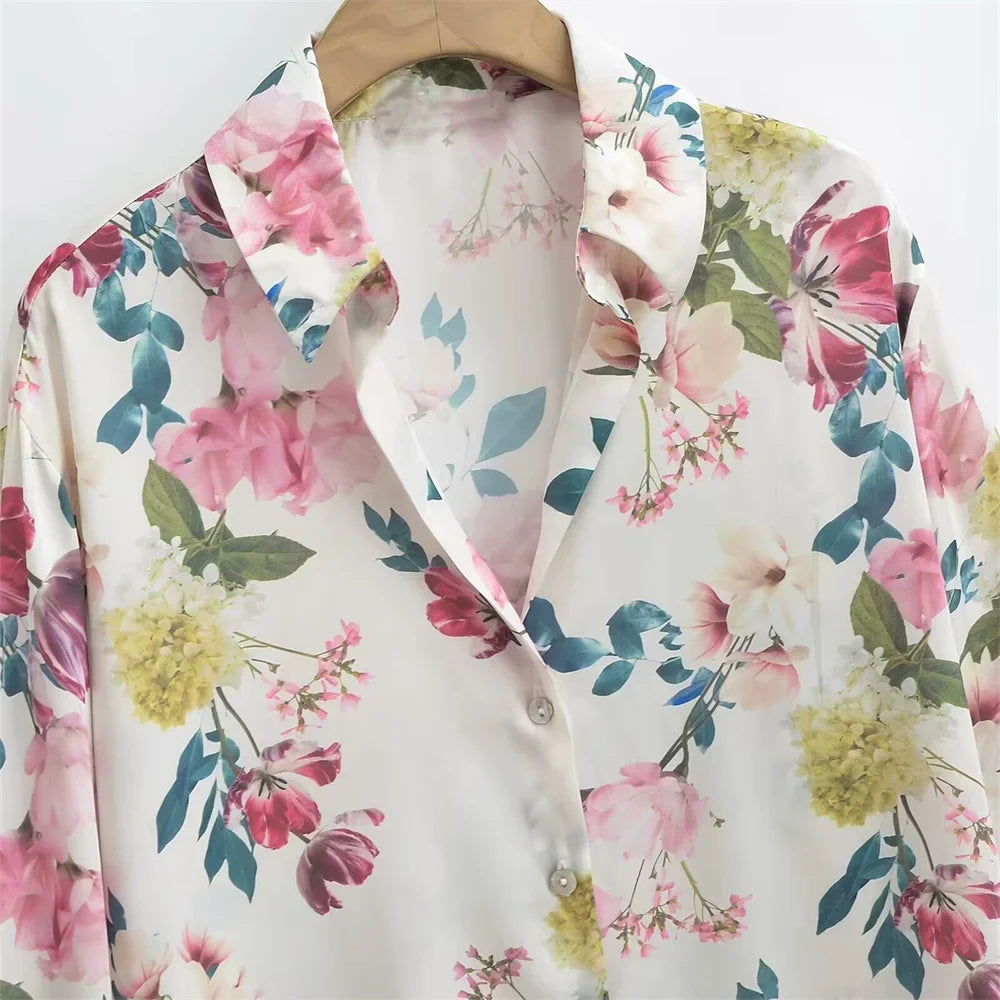 Loose Fit Women's Silk Satin Printed Shirt Versatile Three-Dimensional Slimming Texture for Spring and Summer
