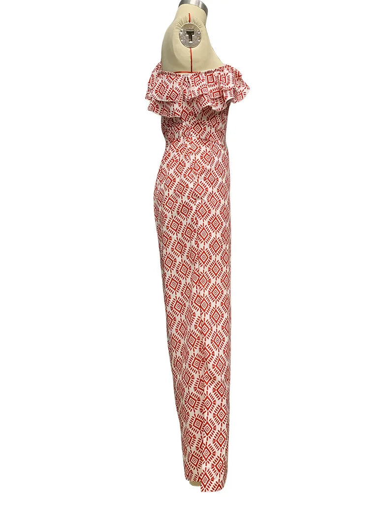 Women's Summer Off Shoulder Jumpsuit Sleeveless Ruffle Detail Skew Collar Wide Leg Printed Plaid Rose Pattern Romper