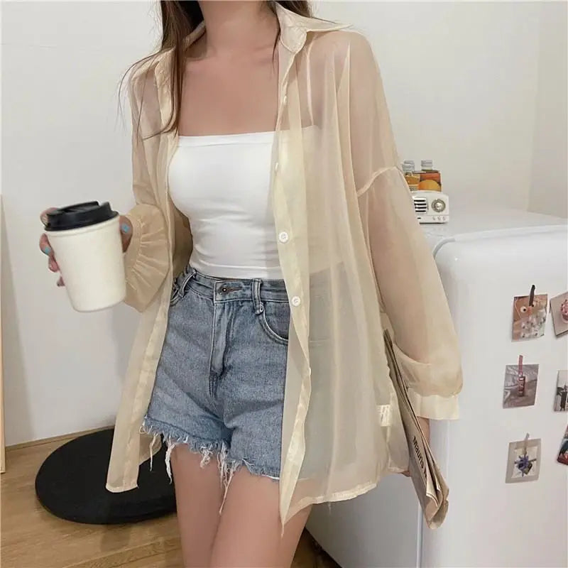 Women's Chiffon Long Sleeve Blouse Loose Fit Thin Cardigan Casual Solid Color Top