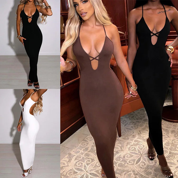 Summer Strappy Bodycon Dress For Women Solid Color