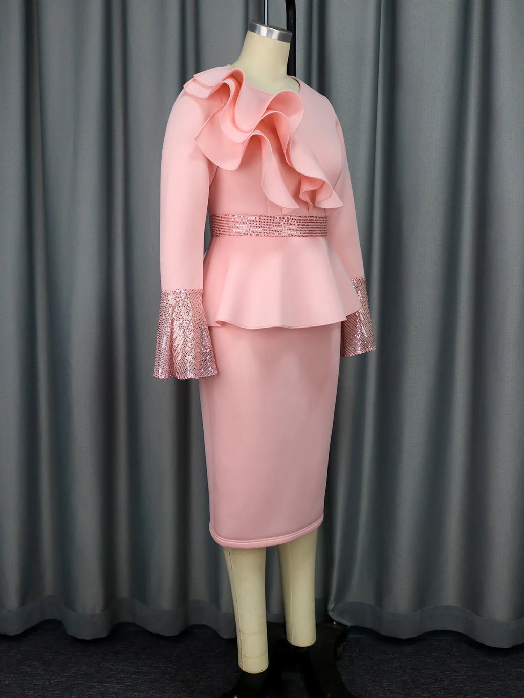 Church Dress for Women Elegant Sequined Long Sleeve Ruffles