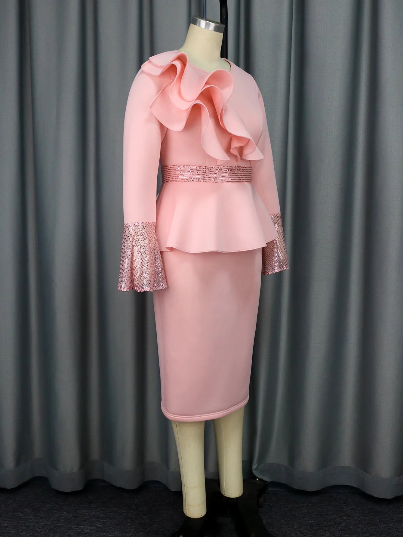 Church Dress for Women Elegant Sequined Long Sleeve Ruffles