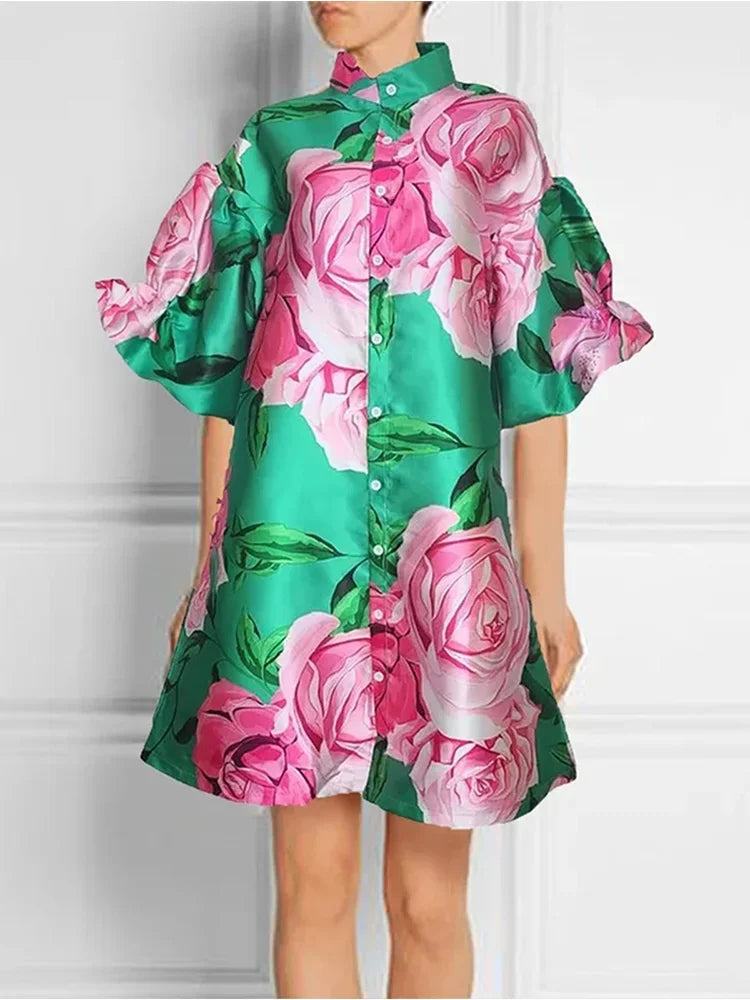Floral Print Puff Sleeve Mini Dress With High Neck