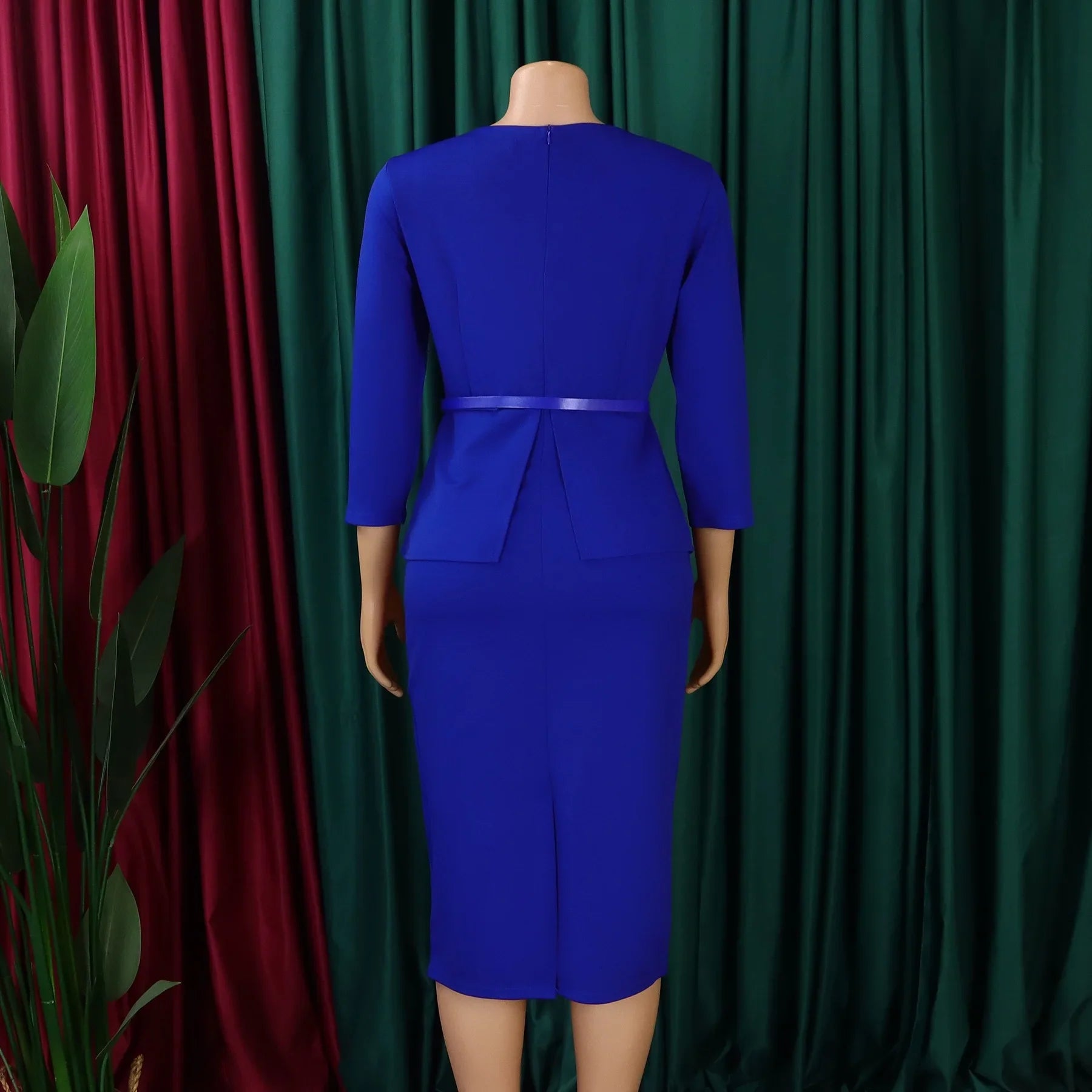 Women's Office Dress Sheath Belted Mid Calf Formal Wear