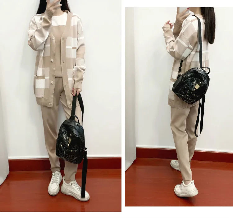 Autumn Winter Women's Plaid Knit Tracksuit Set with Cardigan Sweater Coat, Short Sleeved Top, and Solid Harem Pants