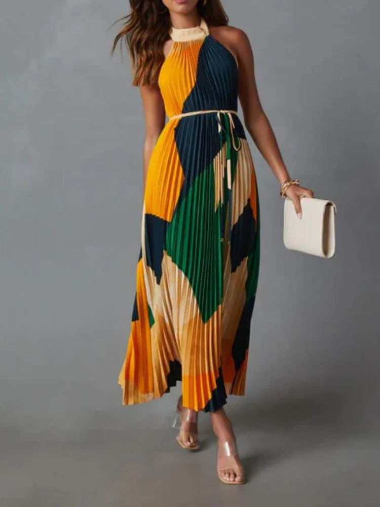 Elegant Backless Pleated Printed Dress For Summer Women