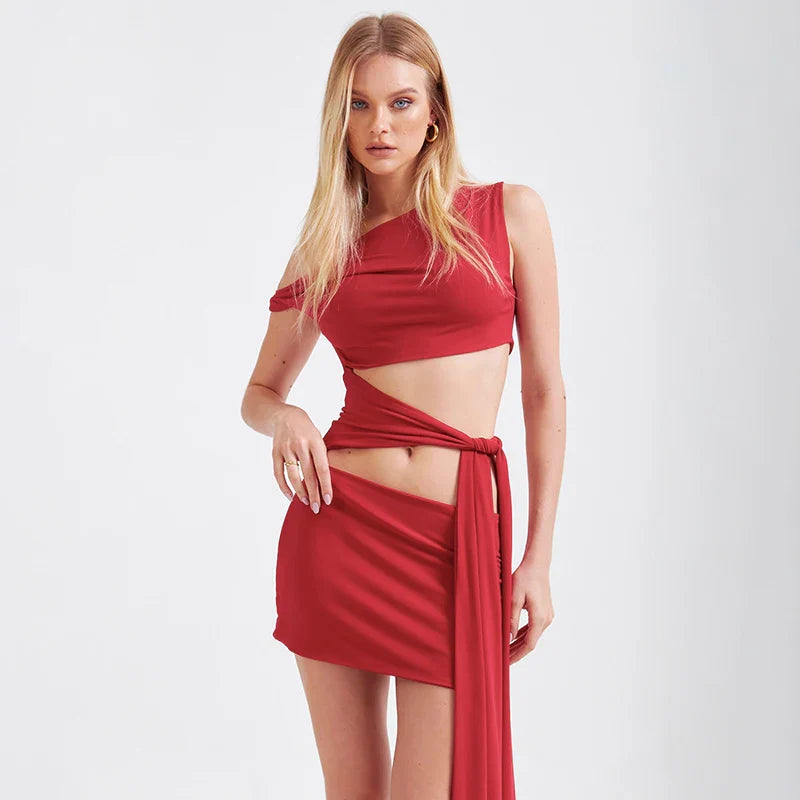 Strapless Hollow Out Short Summer Dress With Oblique Collar