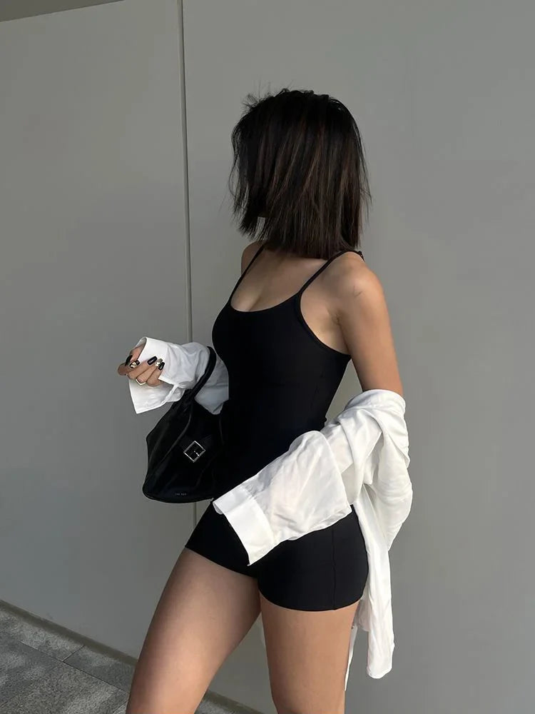 Sexy Solid Black Backless Tank Bodysuit Sleeveless Slim Fit Camisole Jumpsuit Bodycon Romper Summer Fashion