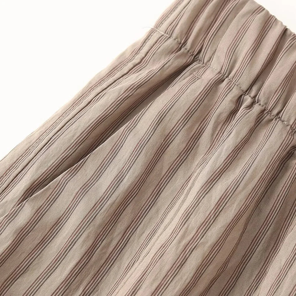 Women's Casual Striped Shirt and Elastic Waist Wide Leg Pants Relaxing Set