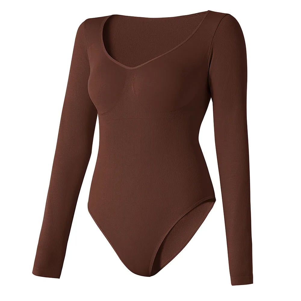 Sexy Long Sleeve Bodysuit for Women Skinny Bodycon V-Neck Push Up Romper Streetwear Jumpsuit