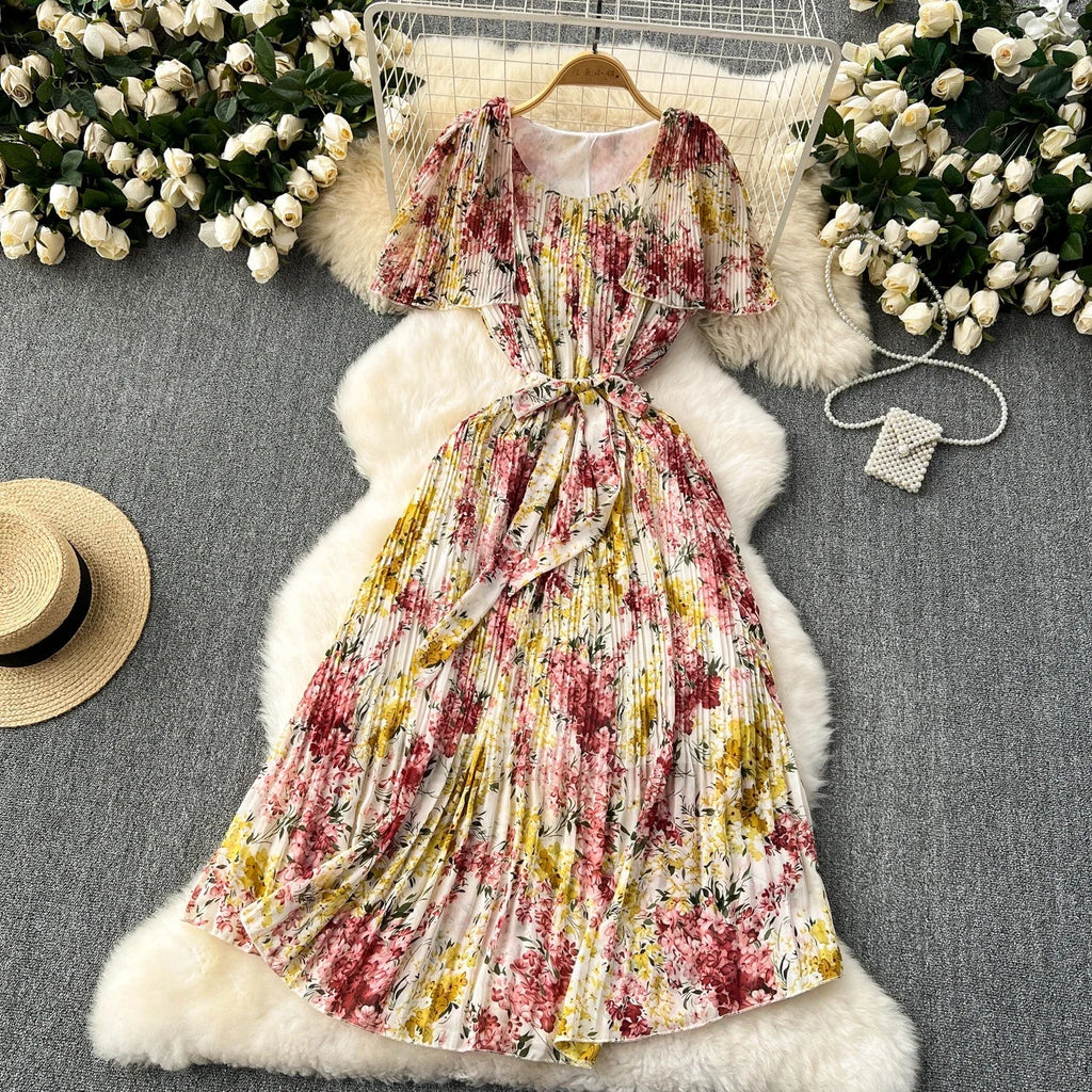 Retro Floral Chiffon Midi Dress With Ruffle Details