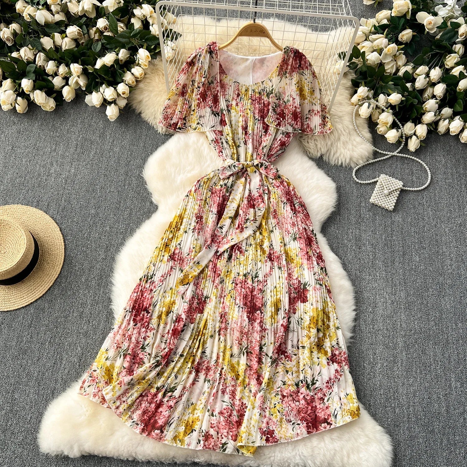 Retro Floral Chiffon Midi Dress With Ruffle Details