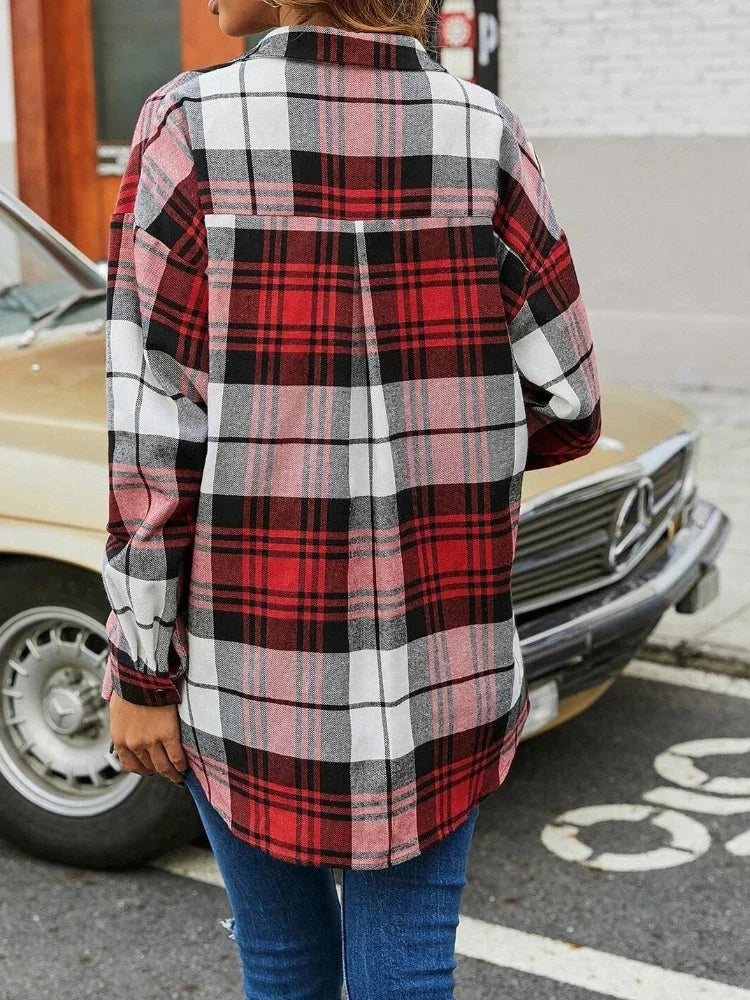 Korean Style Long-Sleeved Plaid Women's Shirt with Pockets Pleated Loose Fit High-End Fashion Top