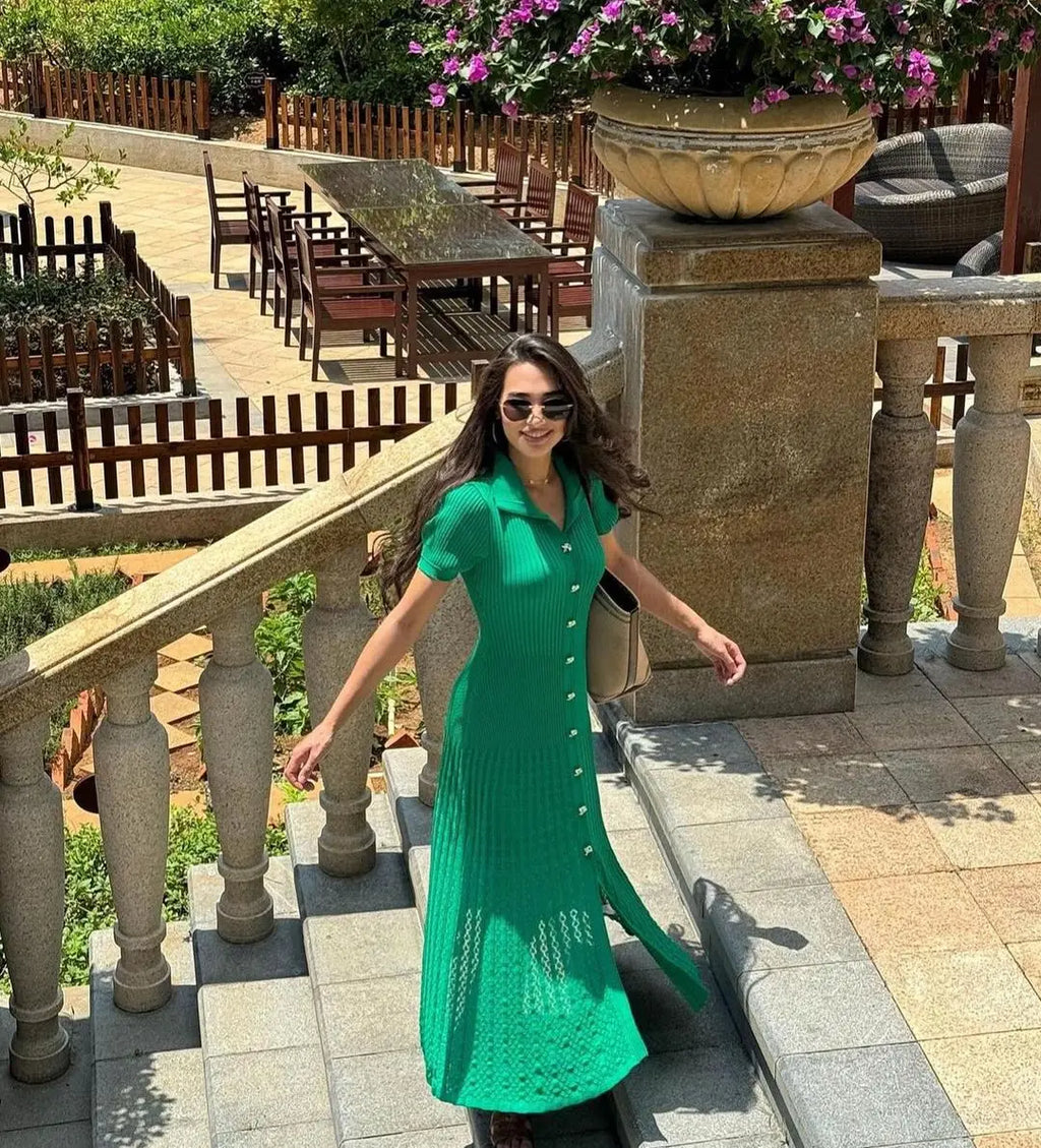 Green Knitted Long Dress With Lapel Puff Sleeves For Women