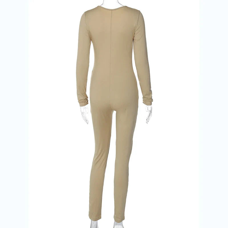 Solid V Neck Long Sleeve Hollow Out Lace Up Sexy Bodycon Jumpsuit Women's Fashion Streetwear Sporty Romper Overalls for Fall