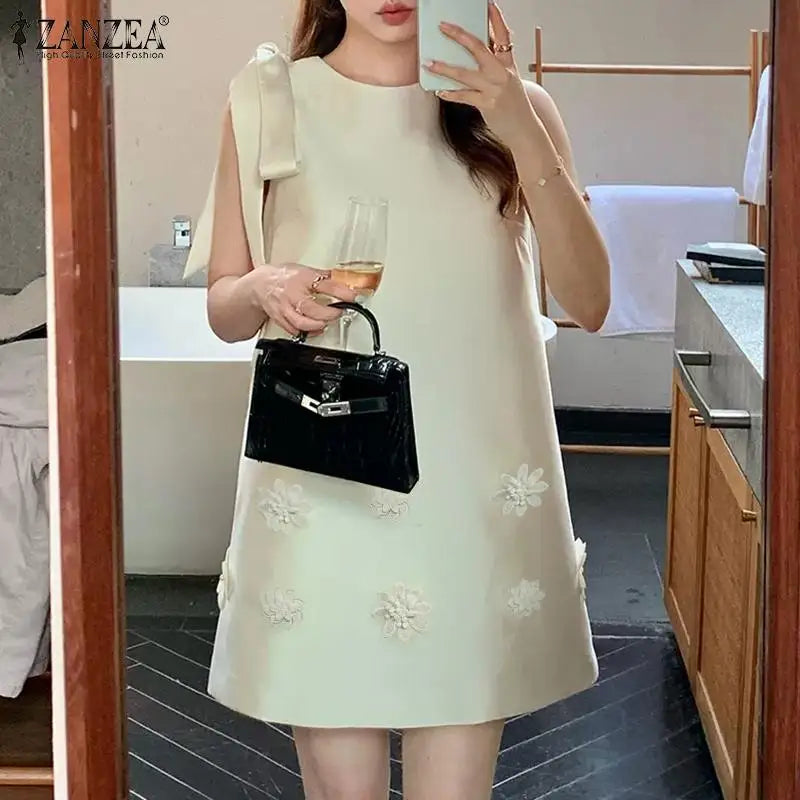 Elegant Korean Flower Bow Sleeveless Mini Dress For Women