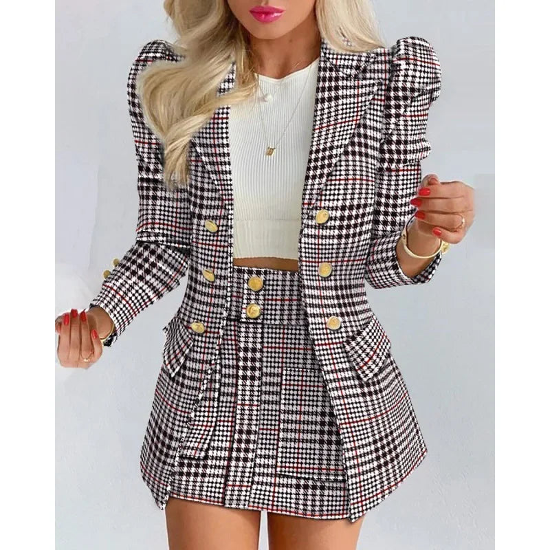 Elegant Plaid Two-Piece Mini Dress Set for Women Casual Chic Skirt and Jacket Outfit Spring Autumn Fashion